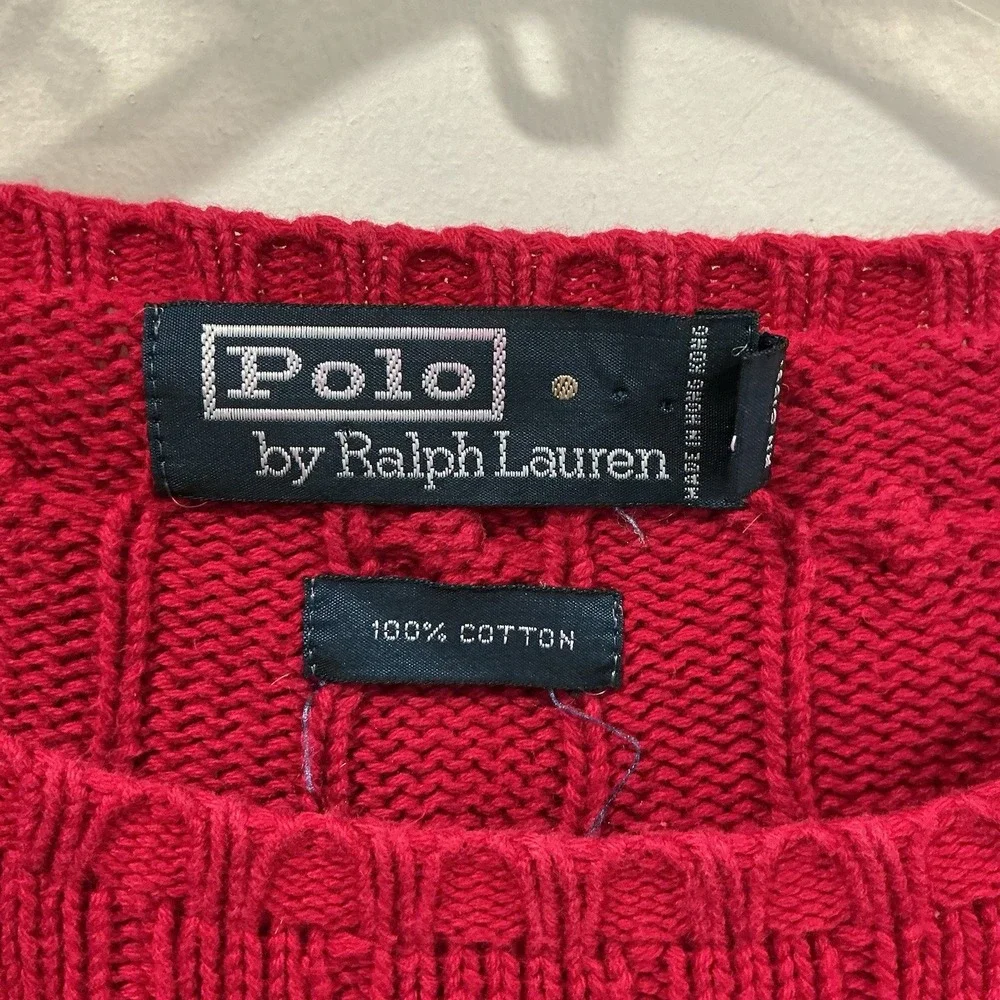 Vintage Polo Ralph Lauren Cable Knit Sweater Mens XXL Red Crest Crew Neck Preppy